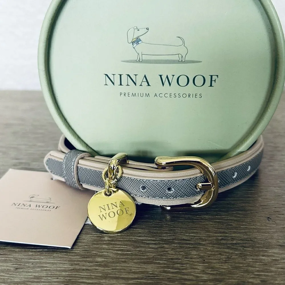 Nina Woof Premium Gray Gold Vegan Leather London Dog Collar
